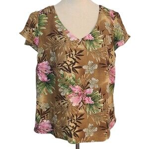 Charter Club Linen Silk Lined Flutter SS Sleeve Womens 14 Back Button Top Floral
